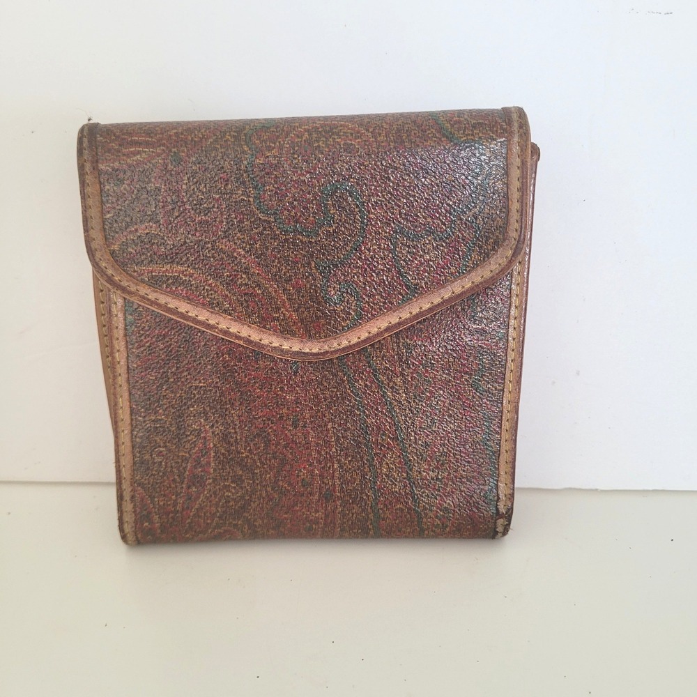 Etro Milano Vintage Paisley Coated Canvas Bifold Wallet Tan Leather 0723-729